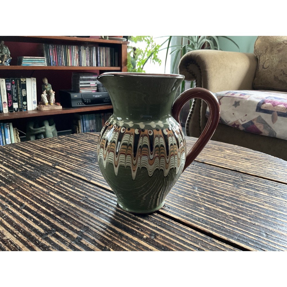 Vintage Bulgarian Troyan Pottery Pitcher Green Peacock Drip Glaze Terracotta Jug